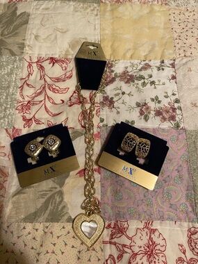 MX Collection Gold-Tone Heart Pendant Necklace Matching Gold Clip On Earrings